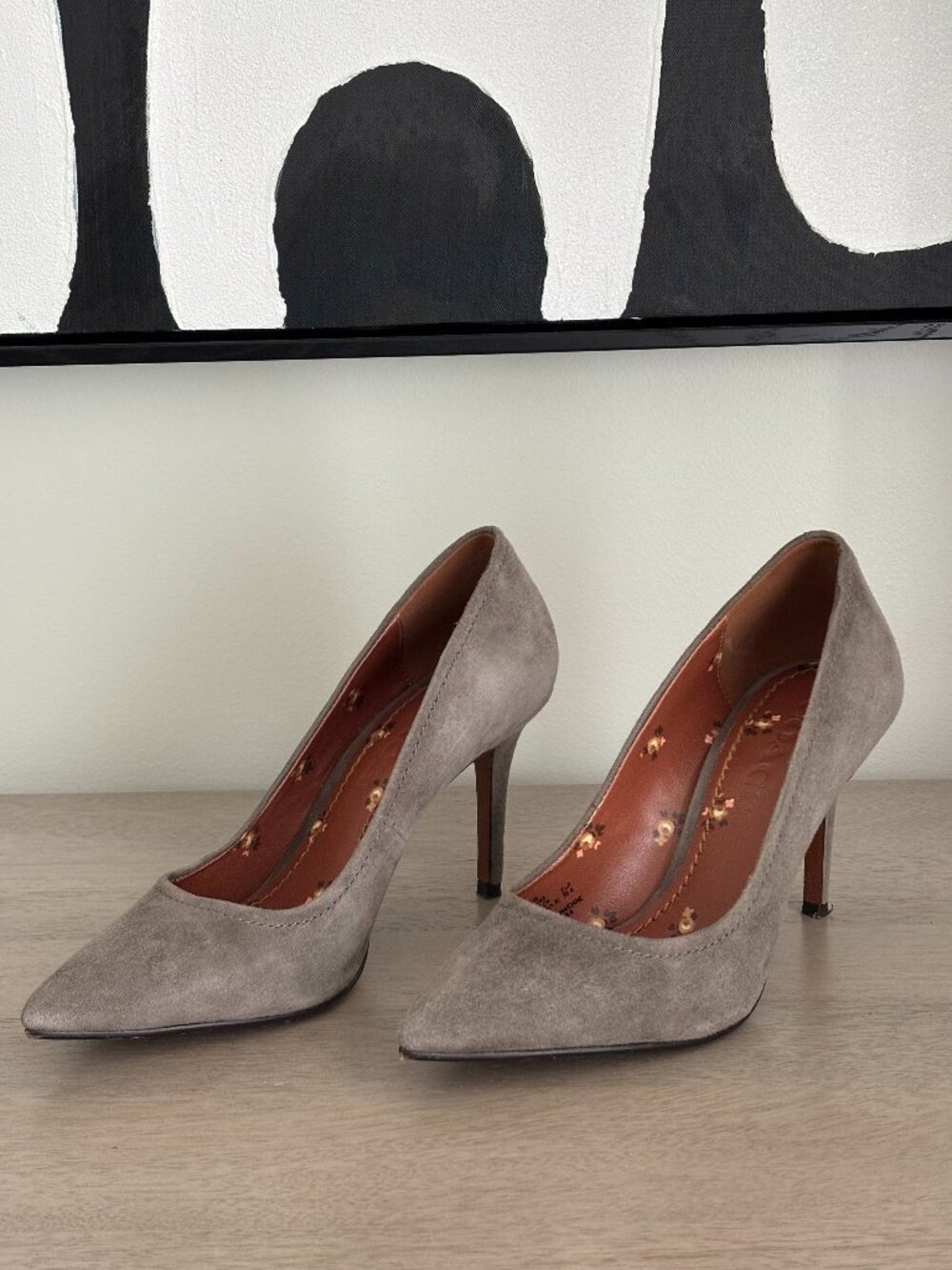 COACH Gray Suede Heels with floral interior. Size 5